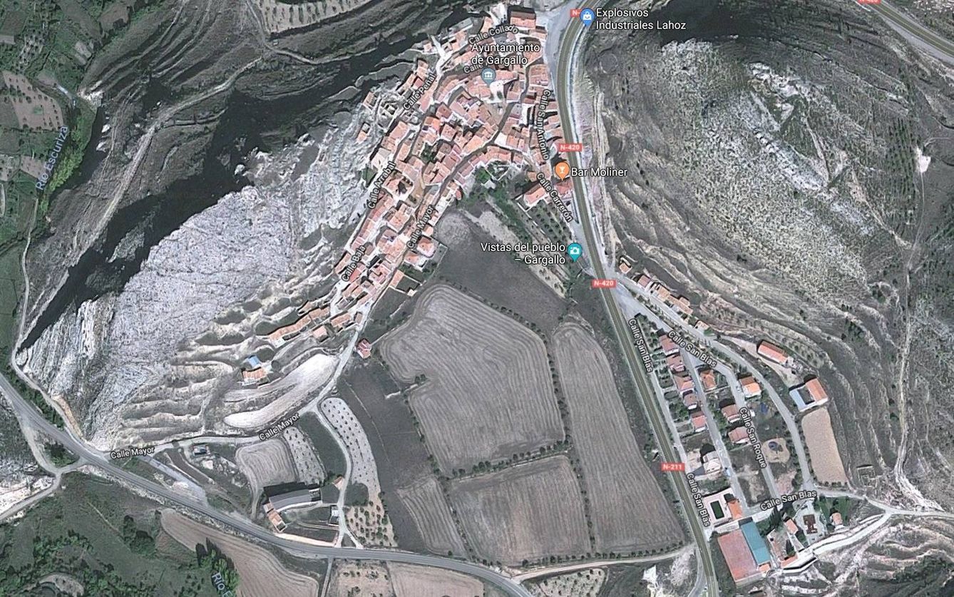 Vista cenital del pueblo de Gargallo. (Google maps)