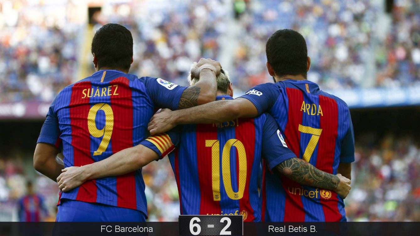 Foto: Suárez (3), Messi (2) y Arda (1), los goleadores (Quique García/EFE).