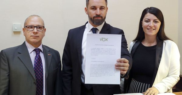 Foto: El líder de Vox, Santiago Abascal (c), junto a la secretaria general del grupo parlamentario, Macarena Olona (d), y el senador de Vox, Francisco José Alcaraz (i). (EFE)