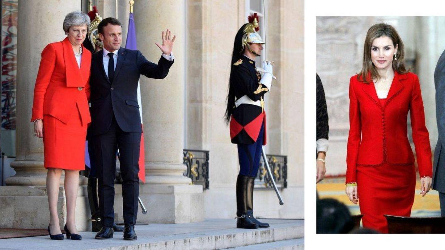 May con Macron en el Elíseo (Reuters) y la reina Letizia en 2014. (Cordon Press) 