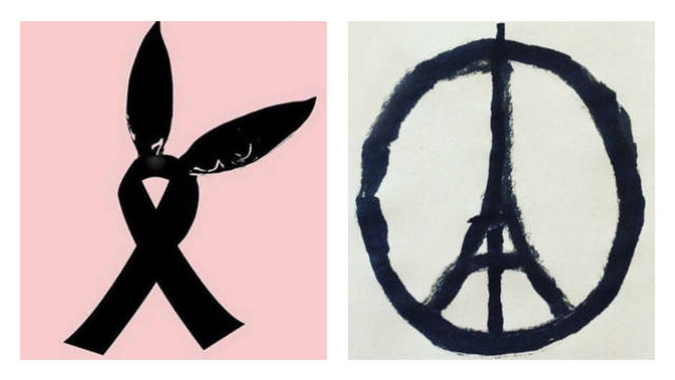 A la izquierda, el símbolo utilizado tras el atentado de Mánchester. A la derecha, el popularizado tras los atentados de París de 2015