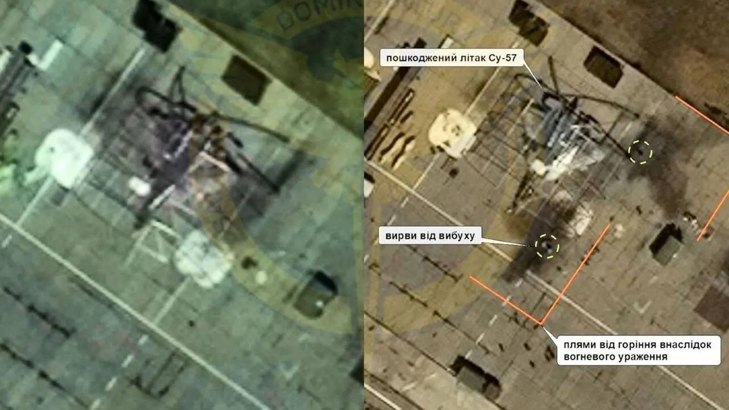 Antes y después del ataque que, según Rusia, ha dañado al Su-57. (Gobierno de Ucrania)