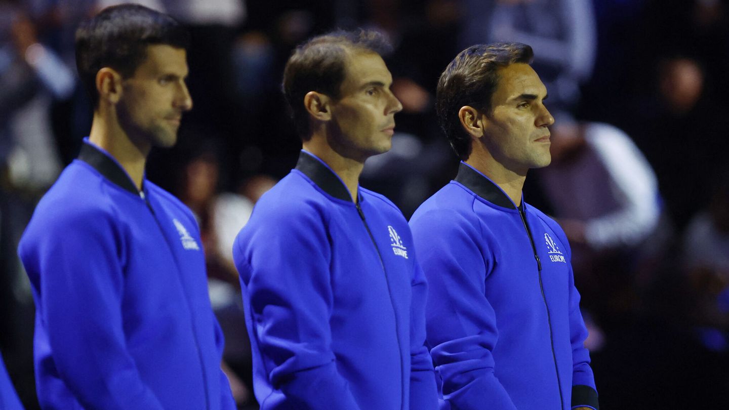 Roger Federer, Rafael Nadal y Novak Djokovic, en la Laver Cip 2022. (Reuters/Andrew Boyers).