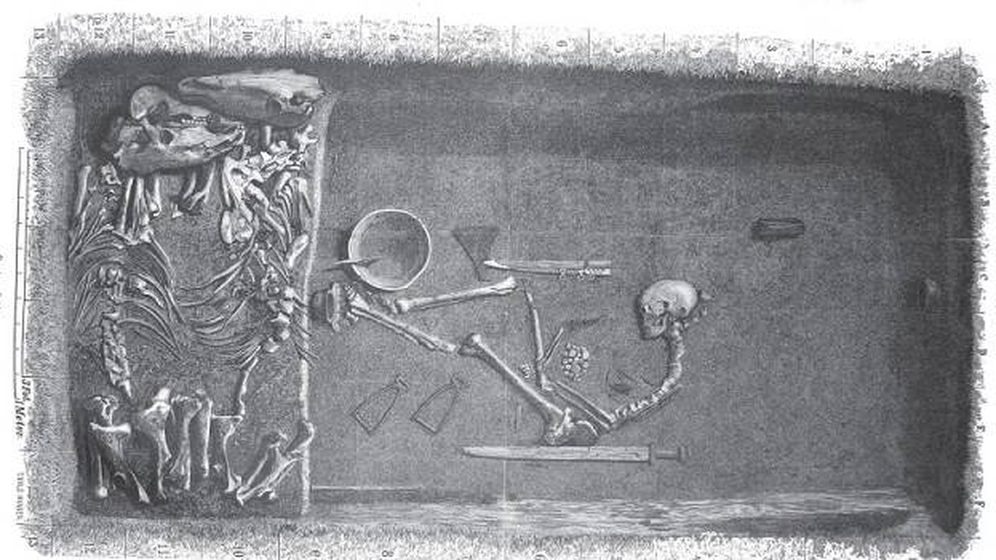 Ilustración de Evald Hansen basada en la tumba original descubierta por el arqueólogo Hjalmar Stolpe.