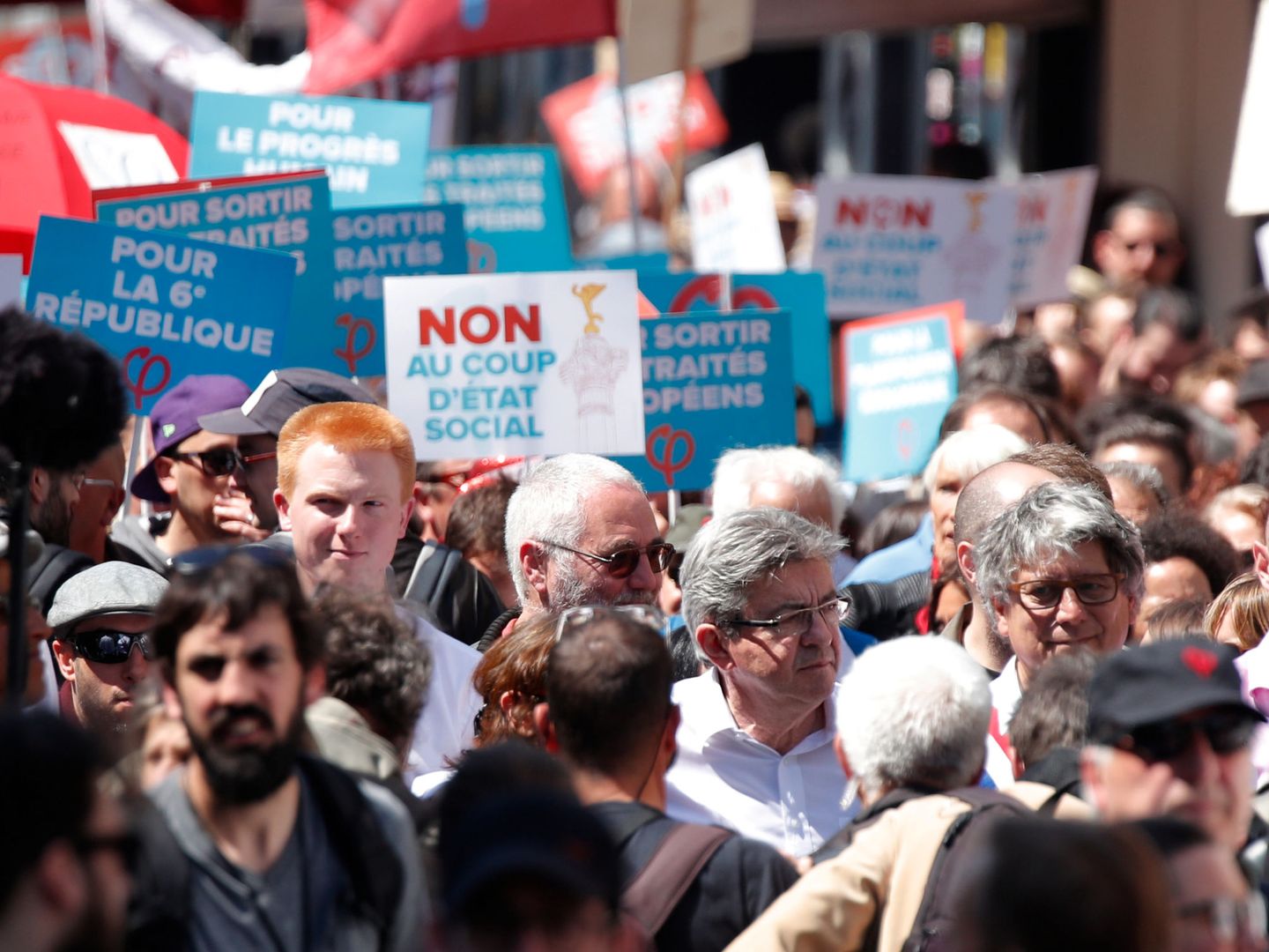 Jean-Luc Mélenchon, líder de la Francia Insumisa, durante una protesta contra Macron en París, el 5 de mayo de 2018. (Reuters)