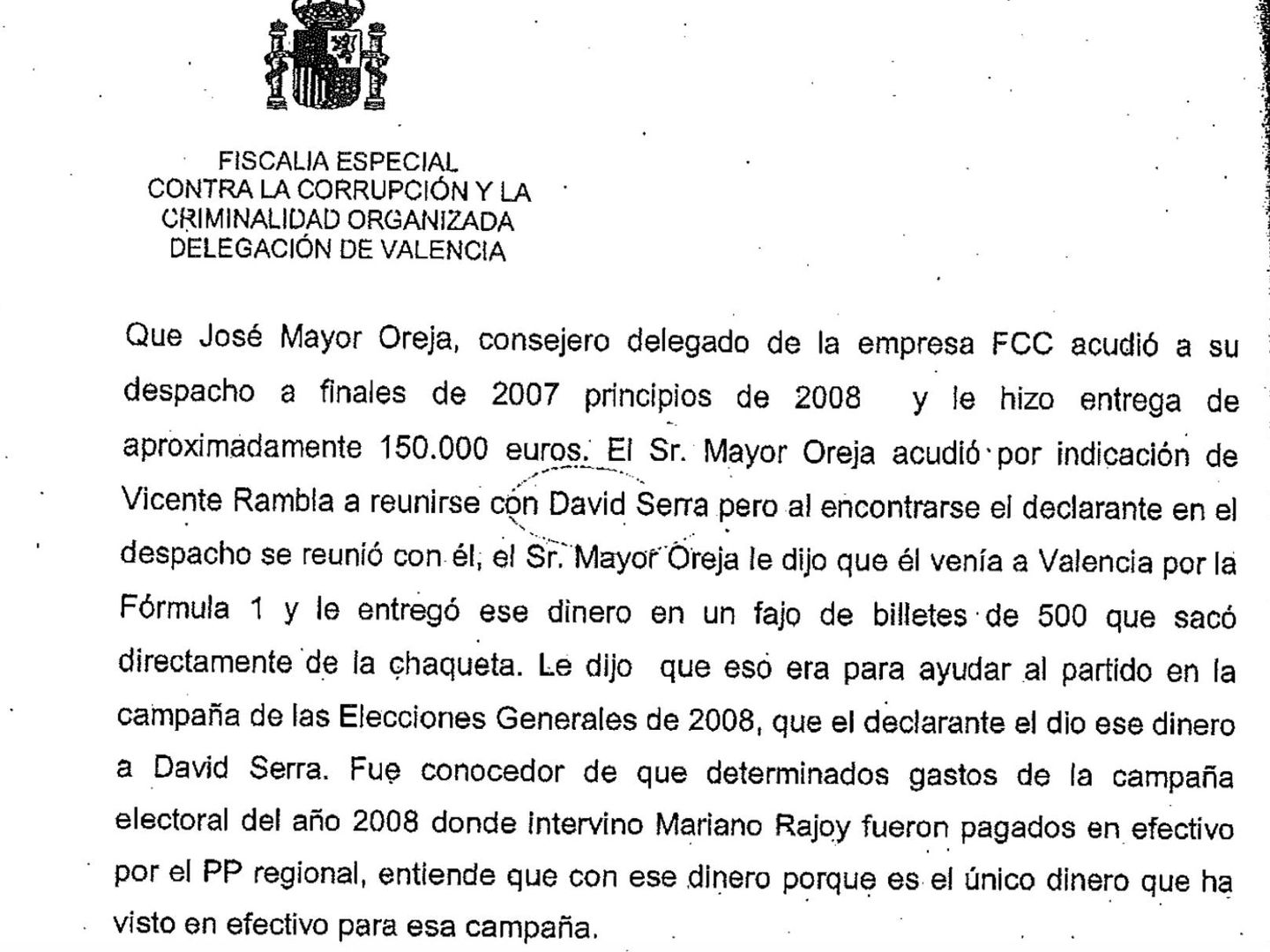 La declaración de Ricardo Costa ante la Fiscalía Anticorrupción en la que señala a José Mayor Oreja.