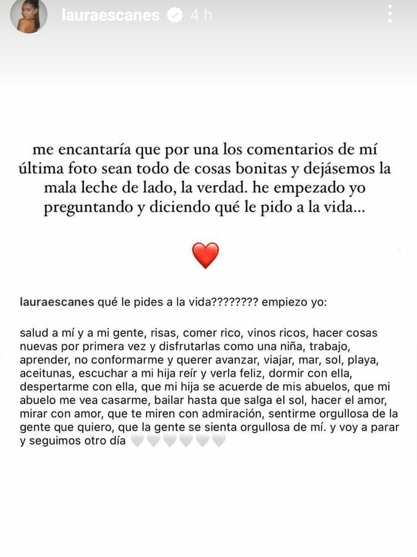 Historia publicada por Laura Escanes en su perfil de Instagram. (Instagram/@lauraescanes)