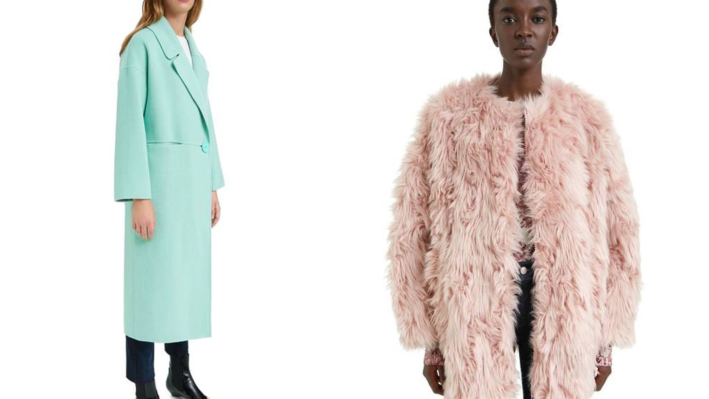 Abrigo largo de color menta y rosa con pelo (hoy ambos valen 350 €) de Bimba y Lola.