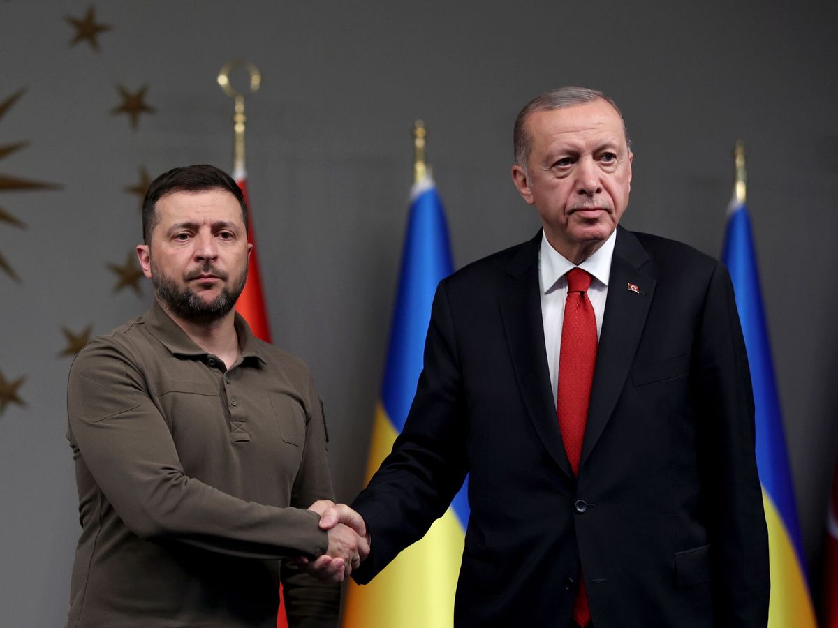 Foto: El presidente ucraniano, Volodímir Zelenski, estrecha la mano de su par turco, Recep Tayyip Erdogan. (EFE/Tolga Bozoglu)