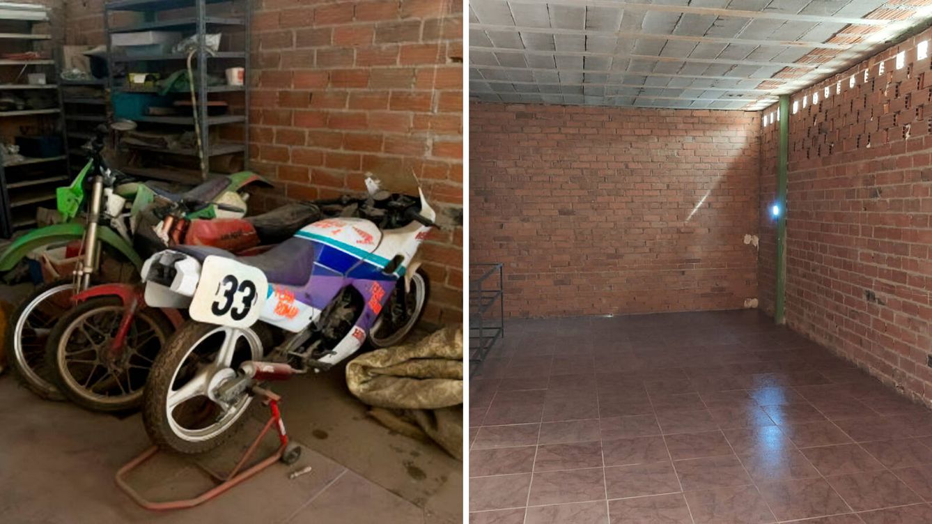 Foto: Vista de las motos de competición que la vecina de Cáceres guardaba en el trastero y aspecto de cómo quedó el local tras el paso de la empresa que se deshizo de los objetos. (Cedidas)