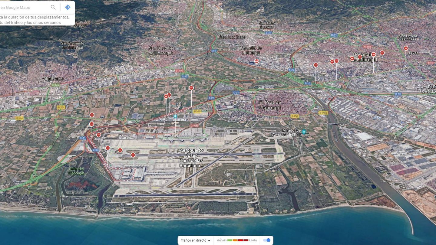Estado de los accesos al aeropuerto Josep Tarradellas de El Prat. (Google Maps)