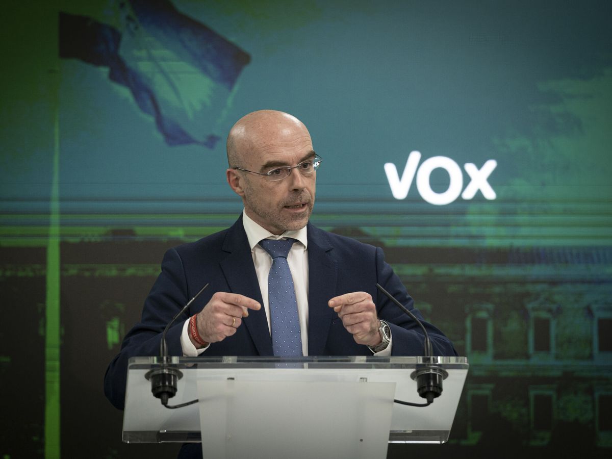 Foto: El portavoz político de Vox, Jorge Buxadé, durante una rueda de prensa. (EFE/Fernando Villar)