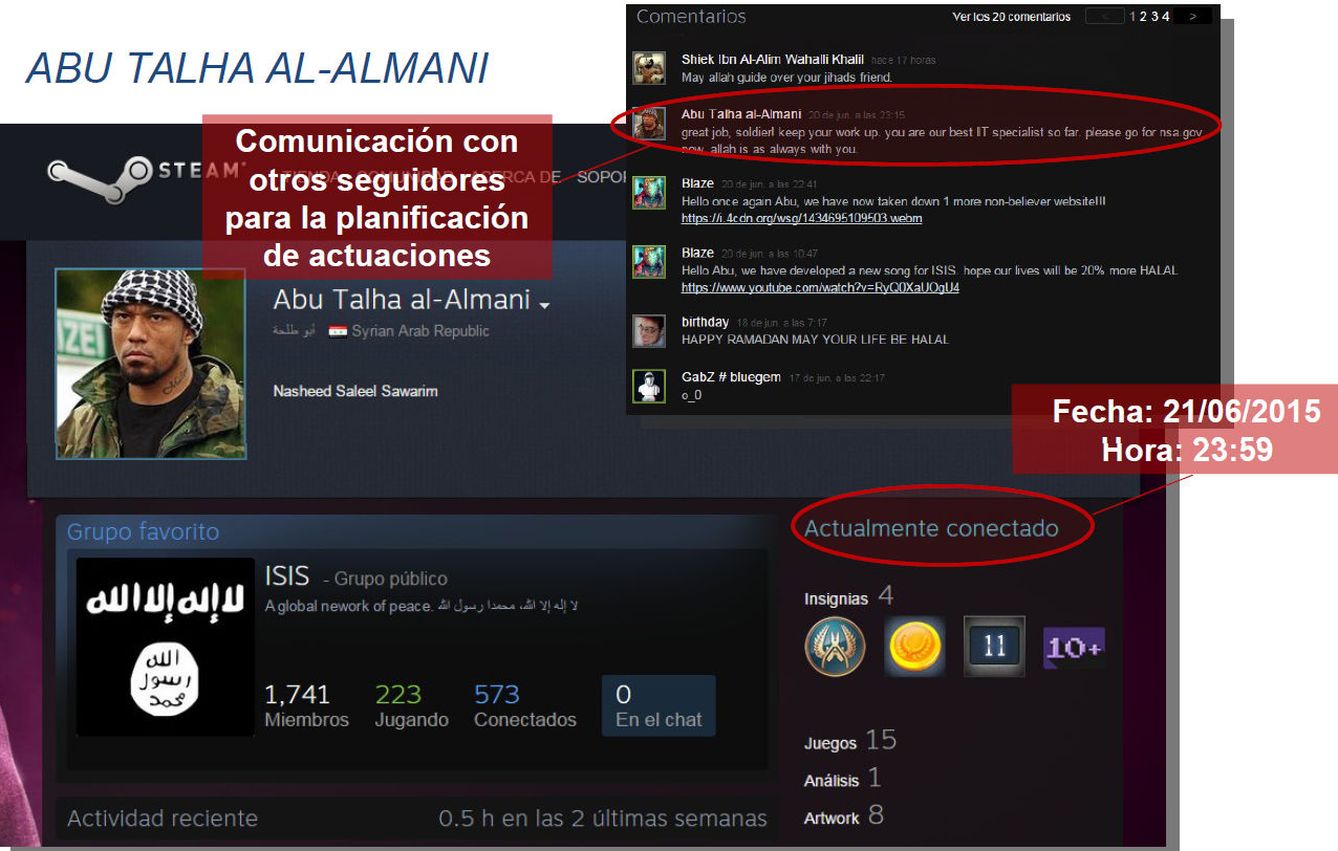 El posible perfil de Abu Talha Al-Almani en Steam. El usuario Blaze le informa de que ha derribado una página web 'no creyente'. '¡Buen trabajo, soldado! Tú eres hasta el momento nuestro mejor especialista TI, por favor ve a por nsa.gov', responde Al-Almani