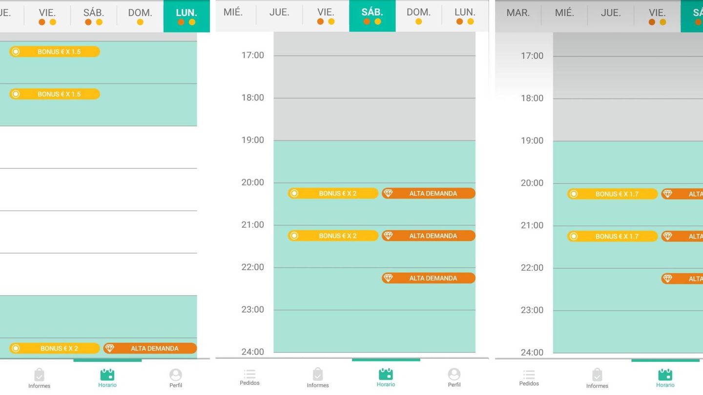 Pantallazo de la app para repartidores que muestran cómo han evolucionado a la baja los bonus de Glovo. 