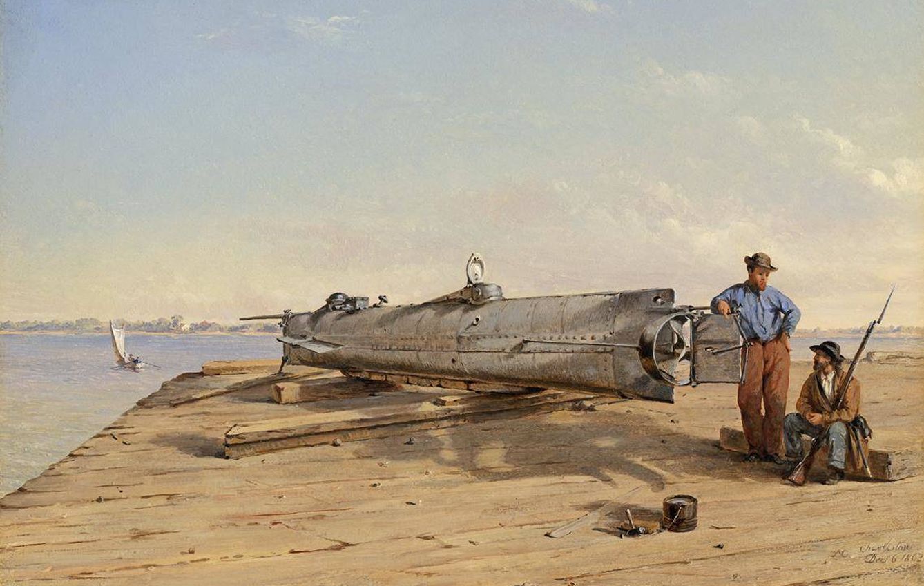 Cuadro de Conrad Wise Chapman, mostrando el submarino H.L. Hunley, inaugurado en 1863. Fue el primero de la historia en hundir un buque enemigo. (Wikimedia Commons)
