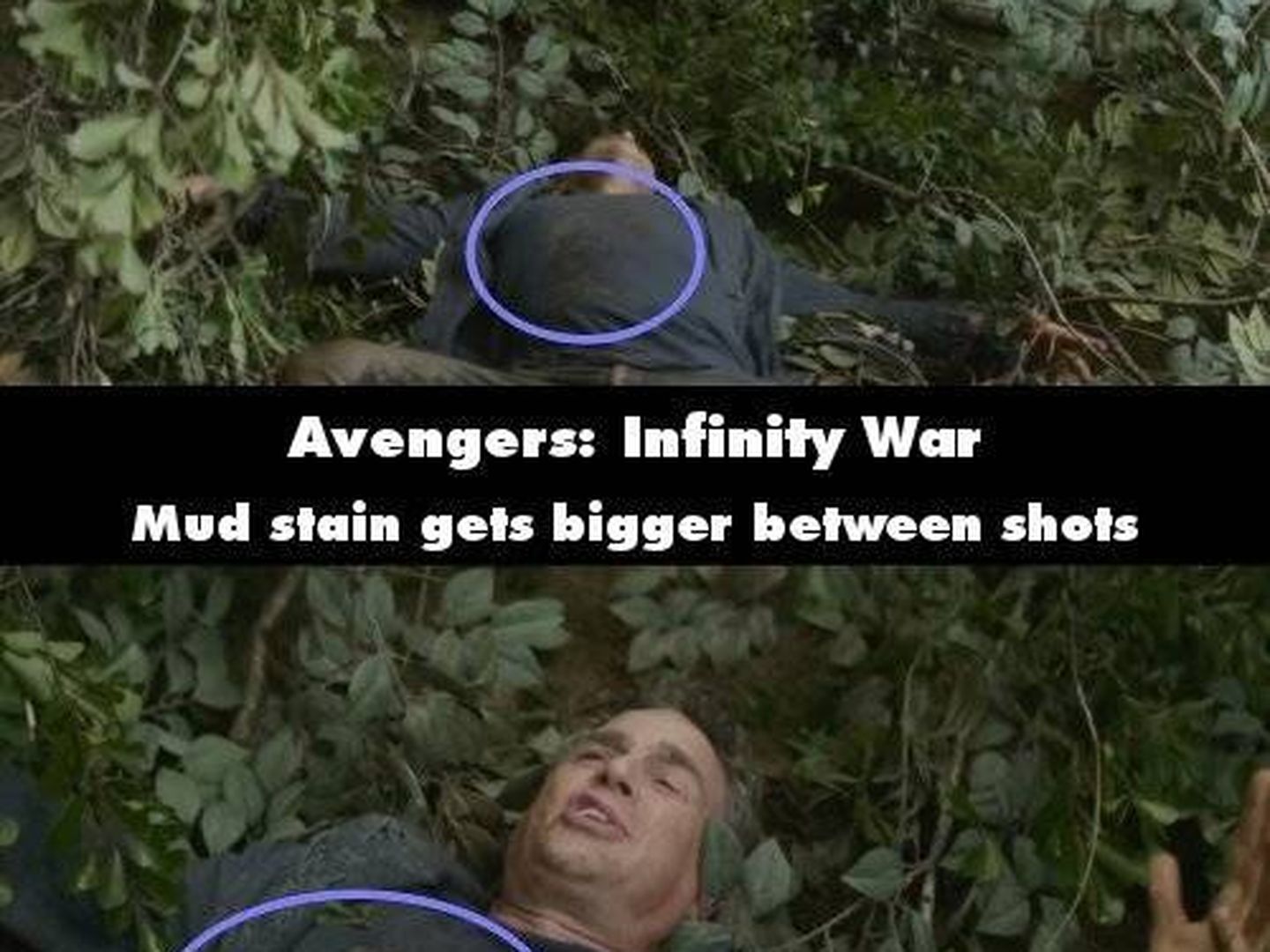 Uno de los fallos detectados por 'Movie Mistakes': la mancha de Bruce Banner se hace más grande.