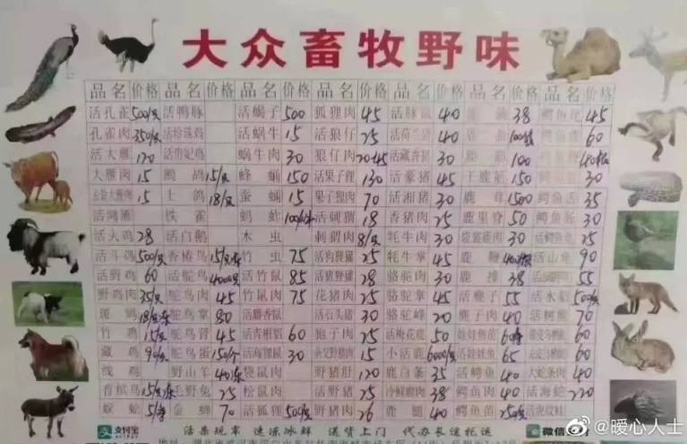 La carta de la lonja de Wuhan, el lugar en el que se podría haber originado el coronavirus. (Weibo/SCMP)