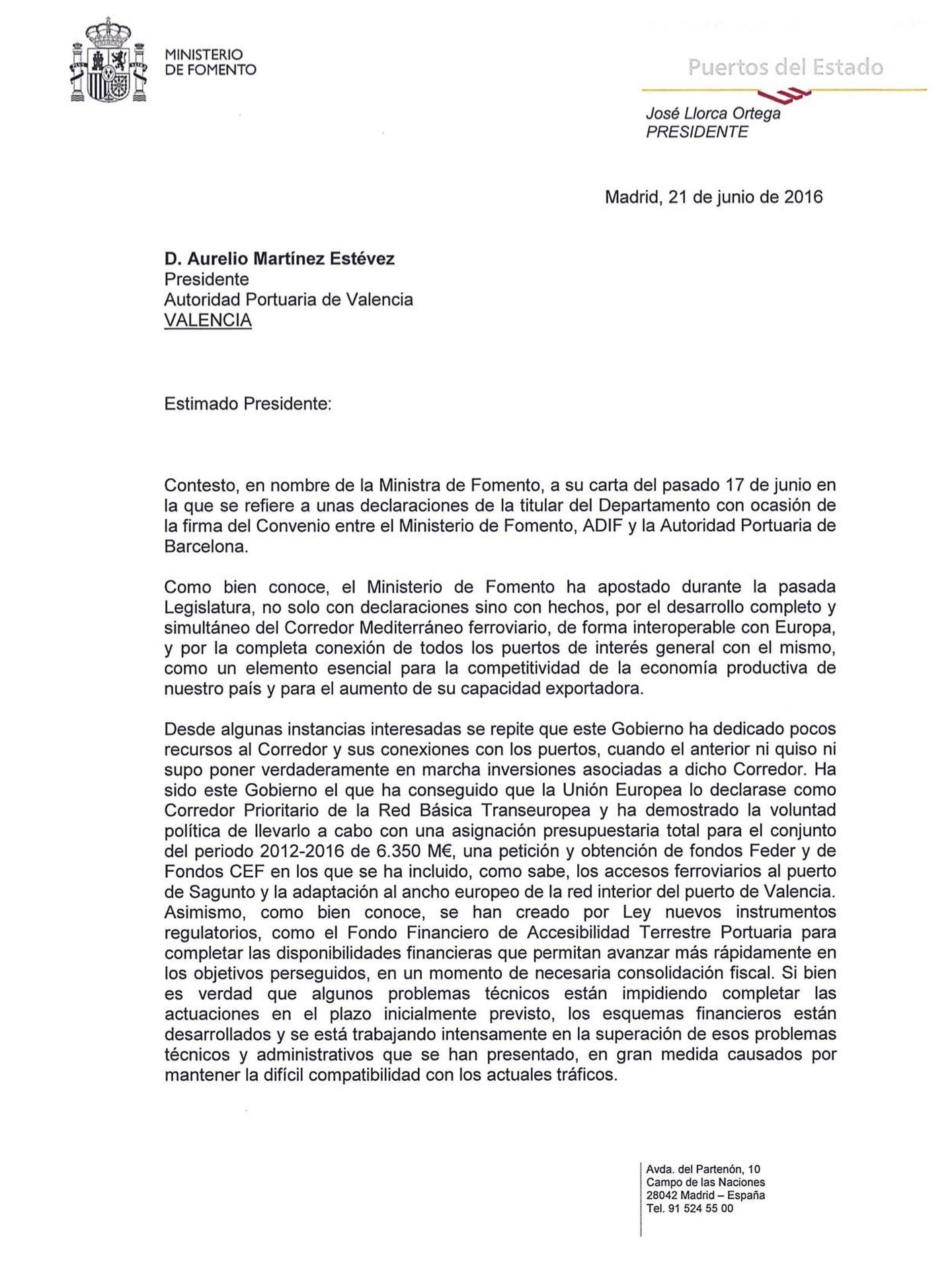 Pinche para leer la carta de José Llorca a Aurelio Martínez.
