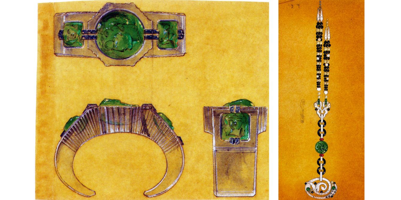 Diseños preparatorios de varios accesorios de Cartier: juego de brazaletes y collar.