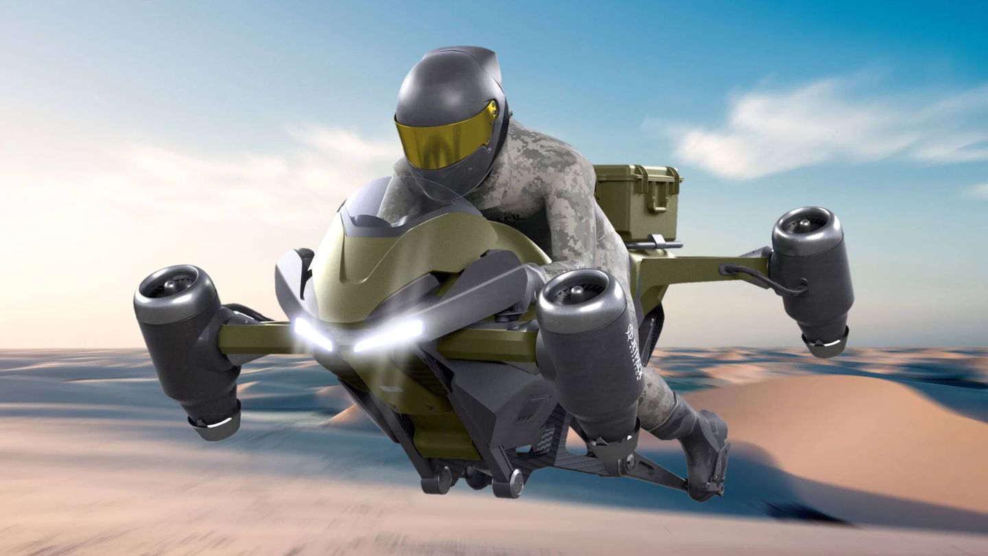 Último concepto de la moto aérea militar (Jetpack Aviation)