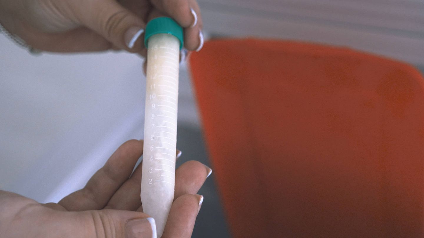 Muestra de leche materna congelada que las clientas envían para futuras joyas