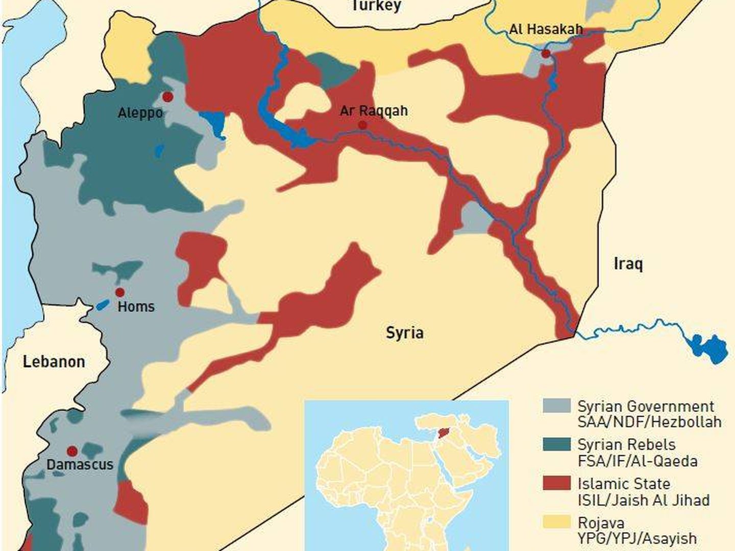 En rojo, zonas ocupadas por el ISIS en 2015, todas en el área de grandes ríos o presas.