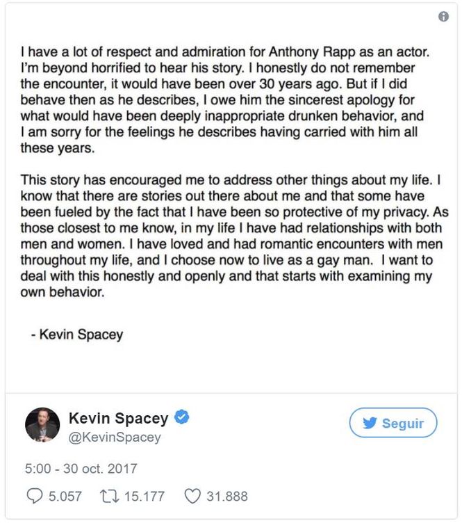 Tweet compartido por Kevin Spacey a modo de comunicado oficial.