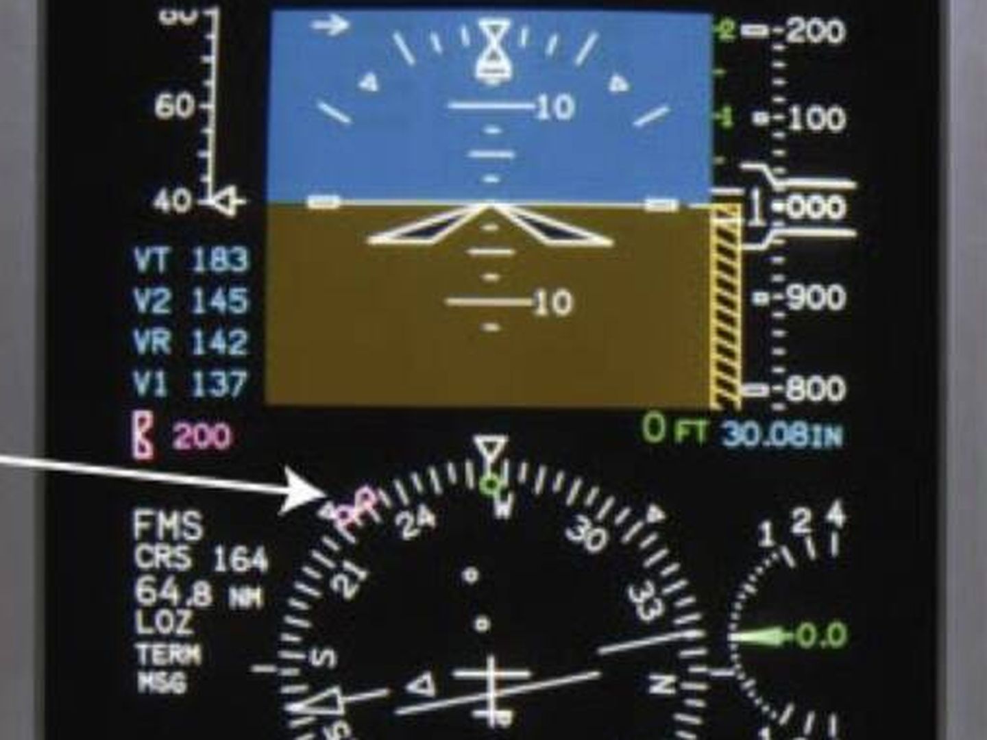 PFD del avión en el que se indica cómo y dónde se muestra el rumbo magnético.