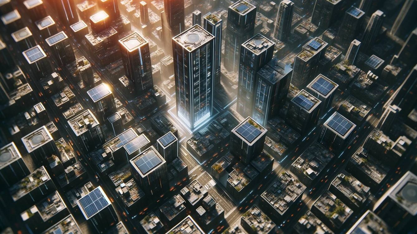 Foto: Una ilustración de una ciudad que produce su propia electricidad con edificios forrados de paneles solares. (Inteligencia artificial/Dall-e/Novaceno)