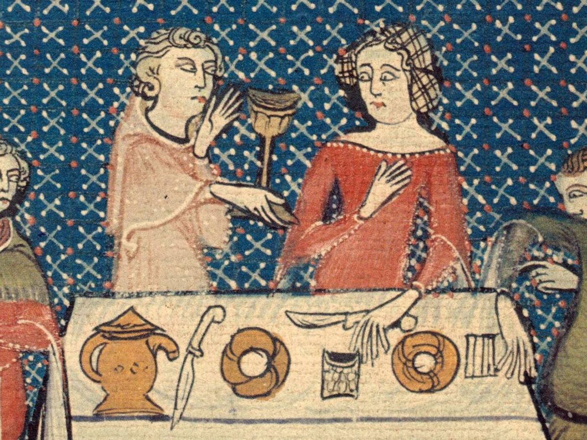 Foto: Cata de vinos entre nobles. Livre d'heures de la reine Yolande, del siglo XI. (Fuente: Biblioteca Méjanes de Aix-en-Provence, vía Wikipedia).