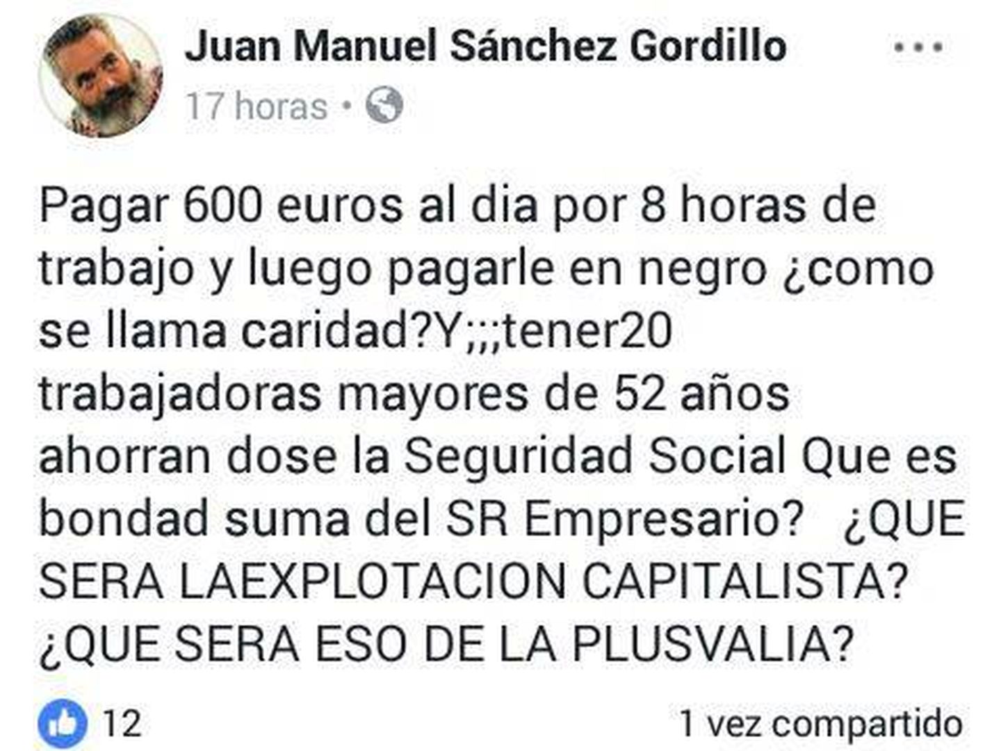 Publicación en Facebook de Sánchez Gordillo.