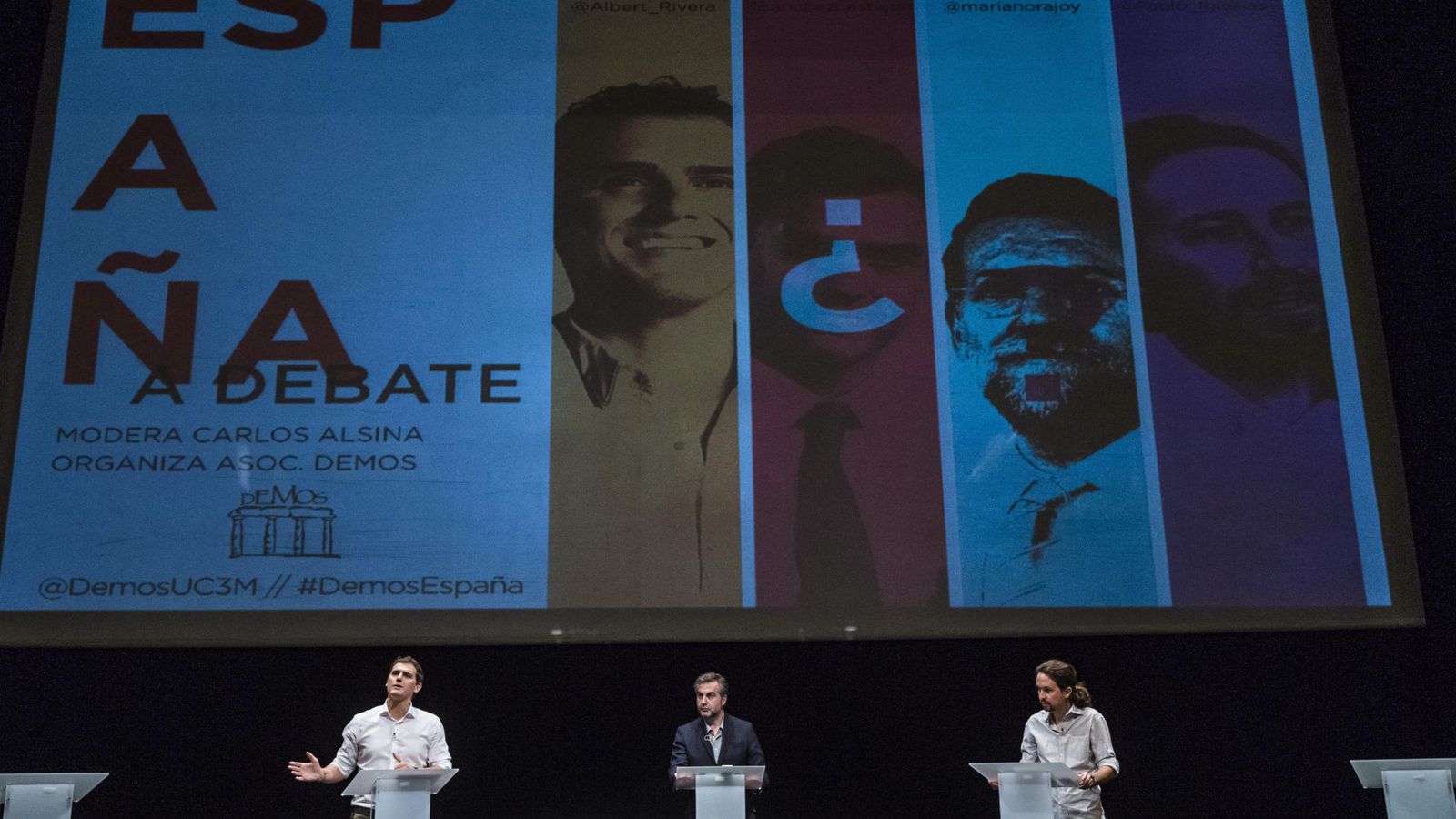 Foto: Albert Rivera, el moderador Carlos Alsina y Pablo Iglesias, en un momento del debate celebrado en la Universidad Carlos III de Madrid. (Efe)