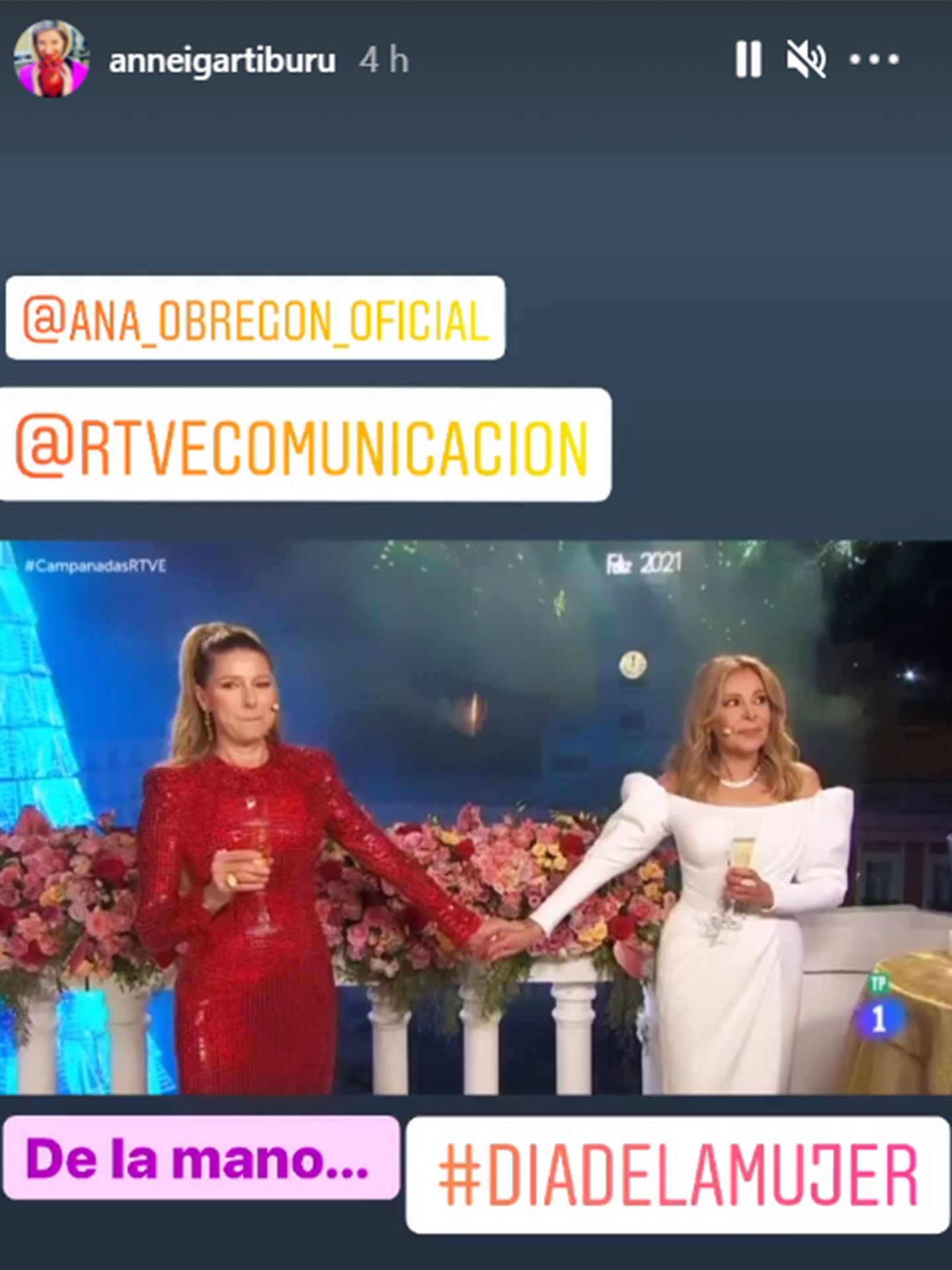 Anne Igartiburu ha querido recordar las campanadas junto a Ana Obregón en este 8-M. (Instagram @anneigartiburu)