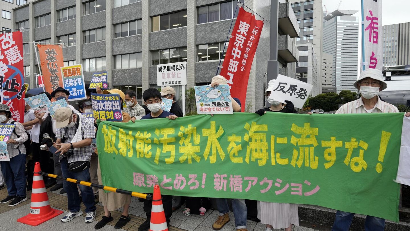 Grupos antinucleares protestan frente a la residencia oficial del primer ministro japonés. (EFE/EPA/Franck Robichon)