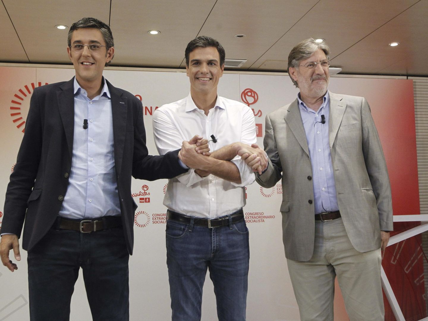 Madina, Sánchez y Pérez Tapias, antes de su debate de primarias, el 7 de julio de 2014. (EFE)