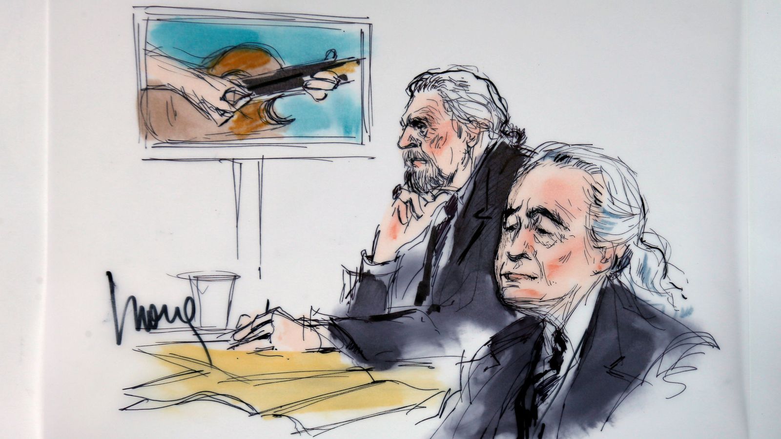 Foto: Dibujo de Roger Plant y Jimmy Page, cantante y guitarrista de Led Zeppelin, en el juicio (Reuters)