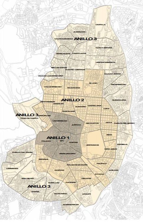 Foto: Mapa de la división por anillos del término municipal para la implantación del plan. 