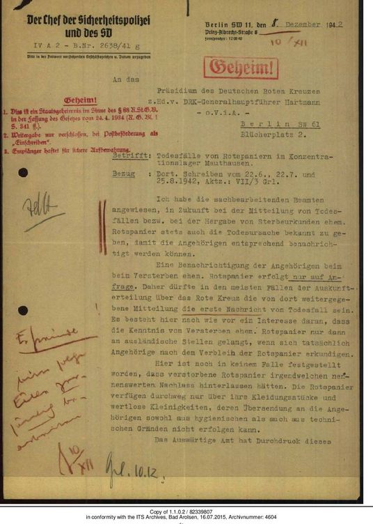 Carta de las SS en respuesta a la Cruz Roja alemana. (International Tracing Service)