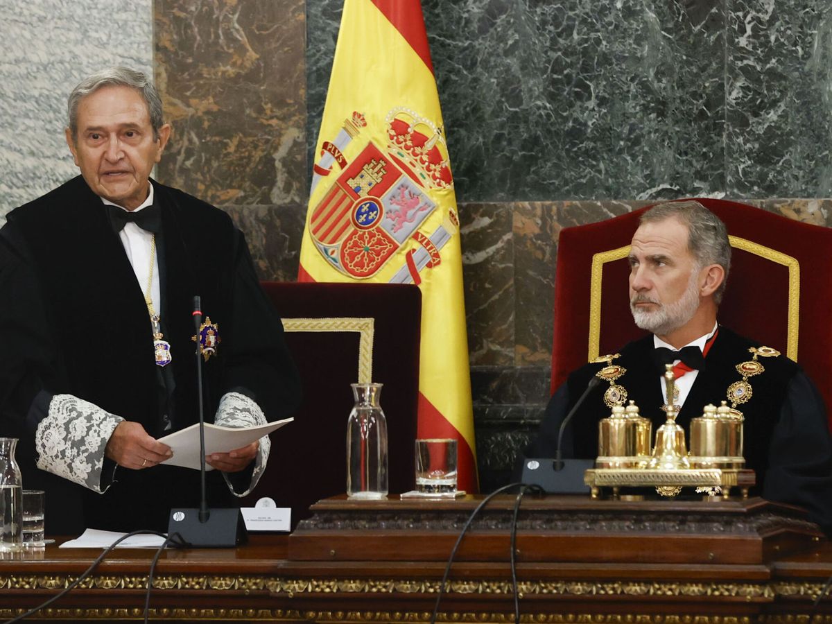 Foto: El rey Felipe VI escucha el discurso del presidente interino del Tribunal Supremo, Francisco Marín Castán. (EFE)