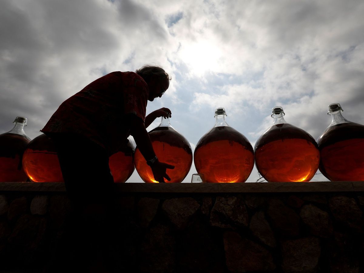 Foto: Un productor francés coloca sus botellas al sol para estabilizar el vino. (EPA)