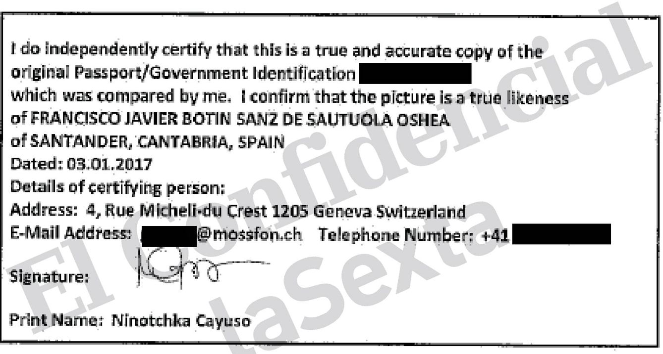Certificación del DNI de Javier Botín por una responsable de Mossack Fonseca Ginebra