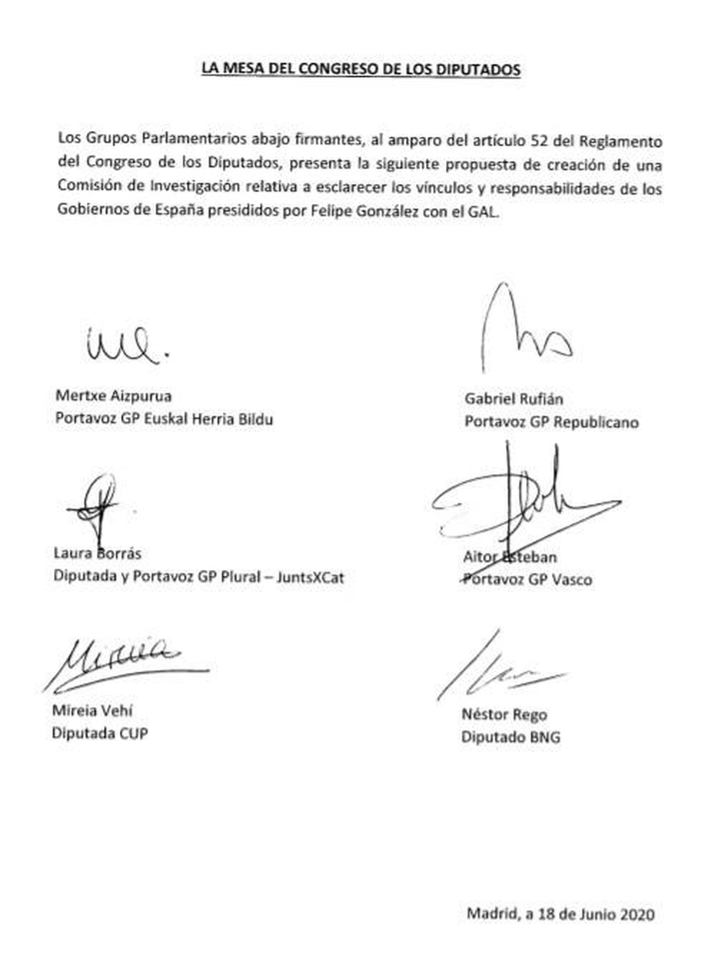 Consulte aquí en PDF la petición de comisión de investigación sobre la responsabilidad de los gobiernos de Felipe González con los GAL. 