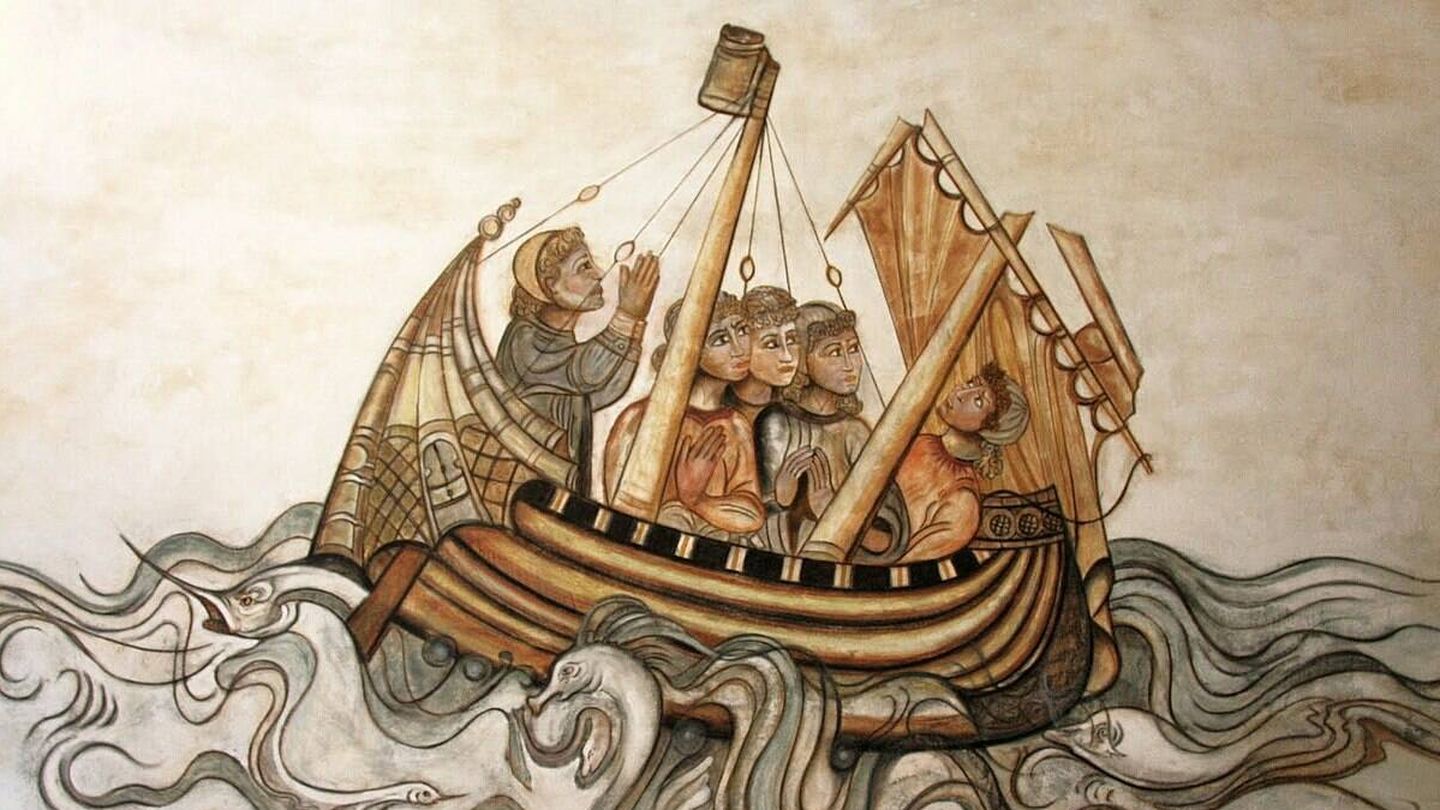 Mercaderes catalanes transportan lana y uno de los pasajeros pide un favor a Dios para no naufragar. (Wikimedia)