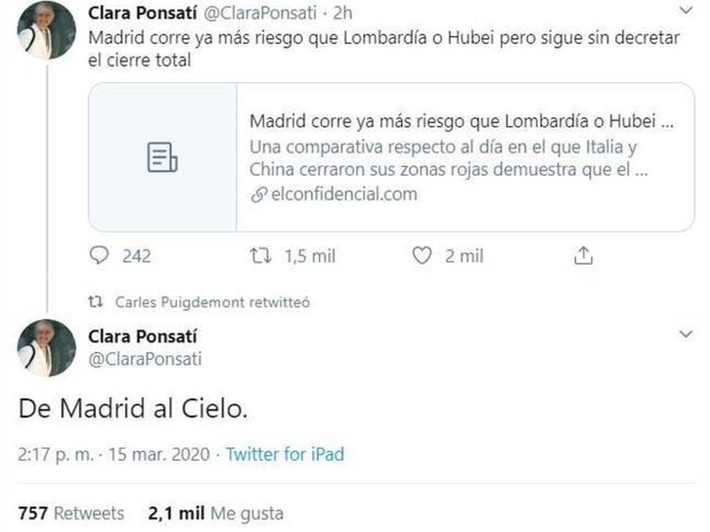 Imagen del desafortunado tuit de Ponsatí, que finalmente ha eliminado. (Twitter).