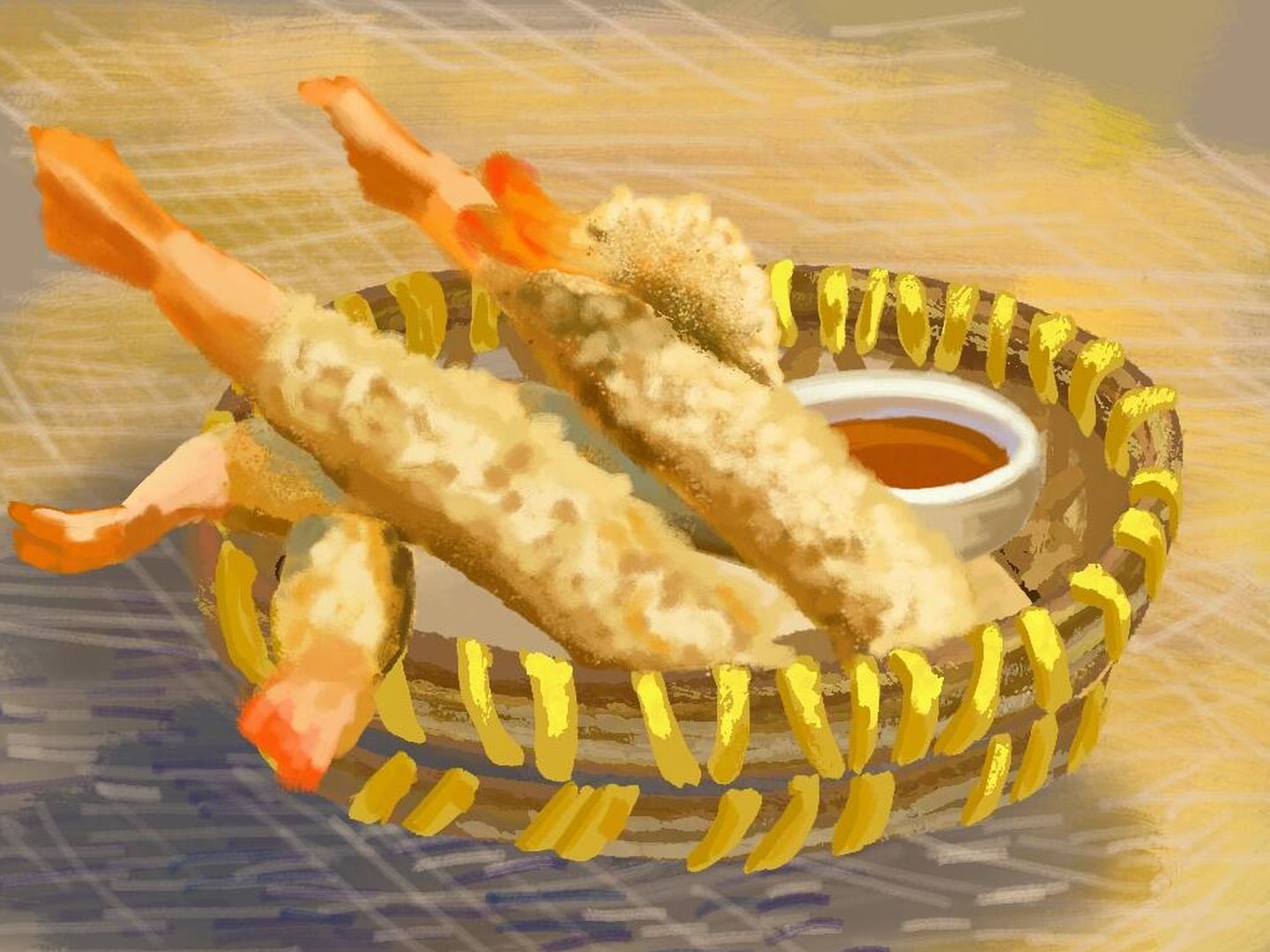 Plato de ebi en tempura, en MIHO. (Ilustración de Coco Calvoz)