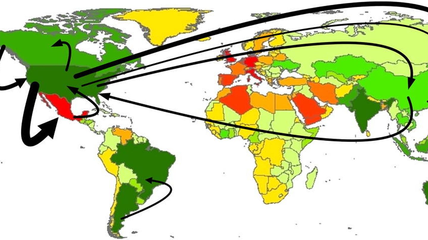 El equilibrio de 'agua virtual' por cada país y la dirección en la que se desplazó entre 1995-2005. (PNAS)