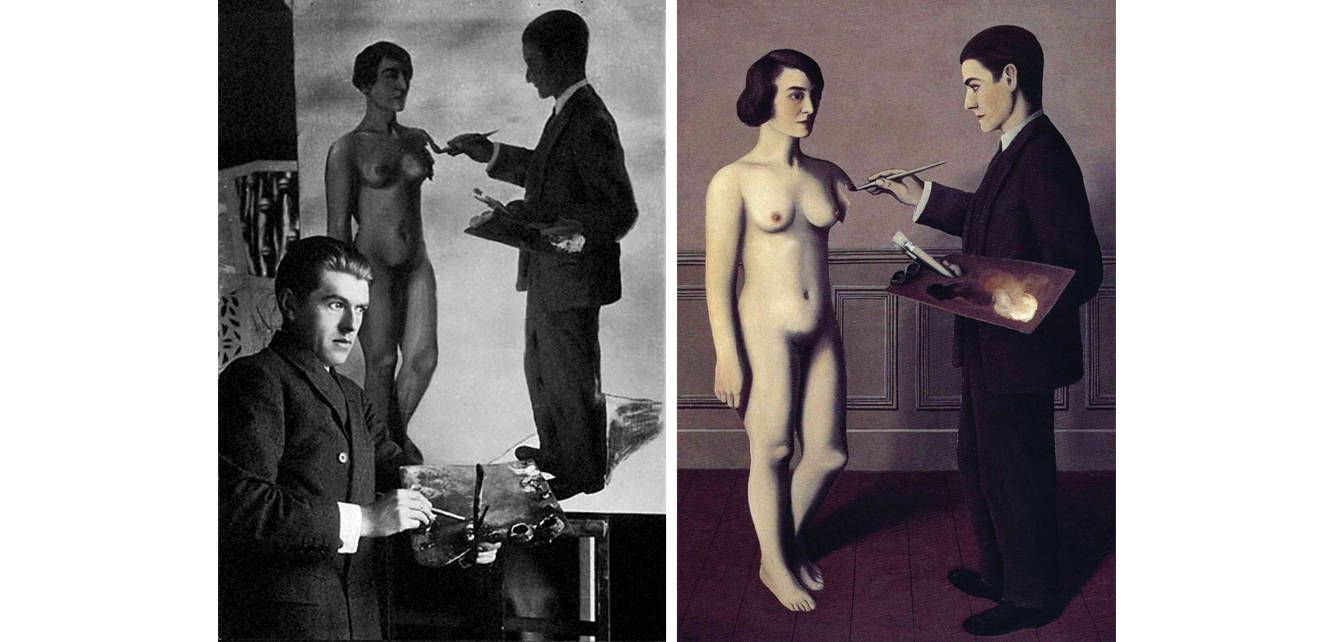Magritte posa delante del inacabado 'Tentative de l'impossible', y la obra finalizada.