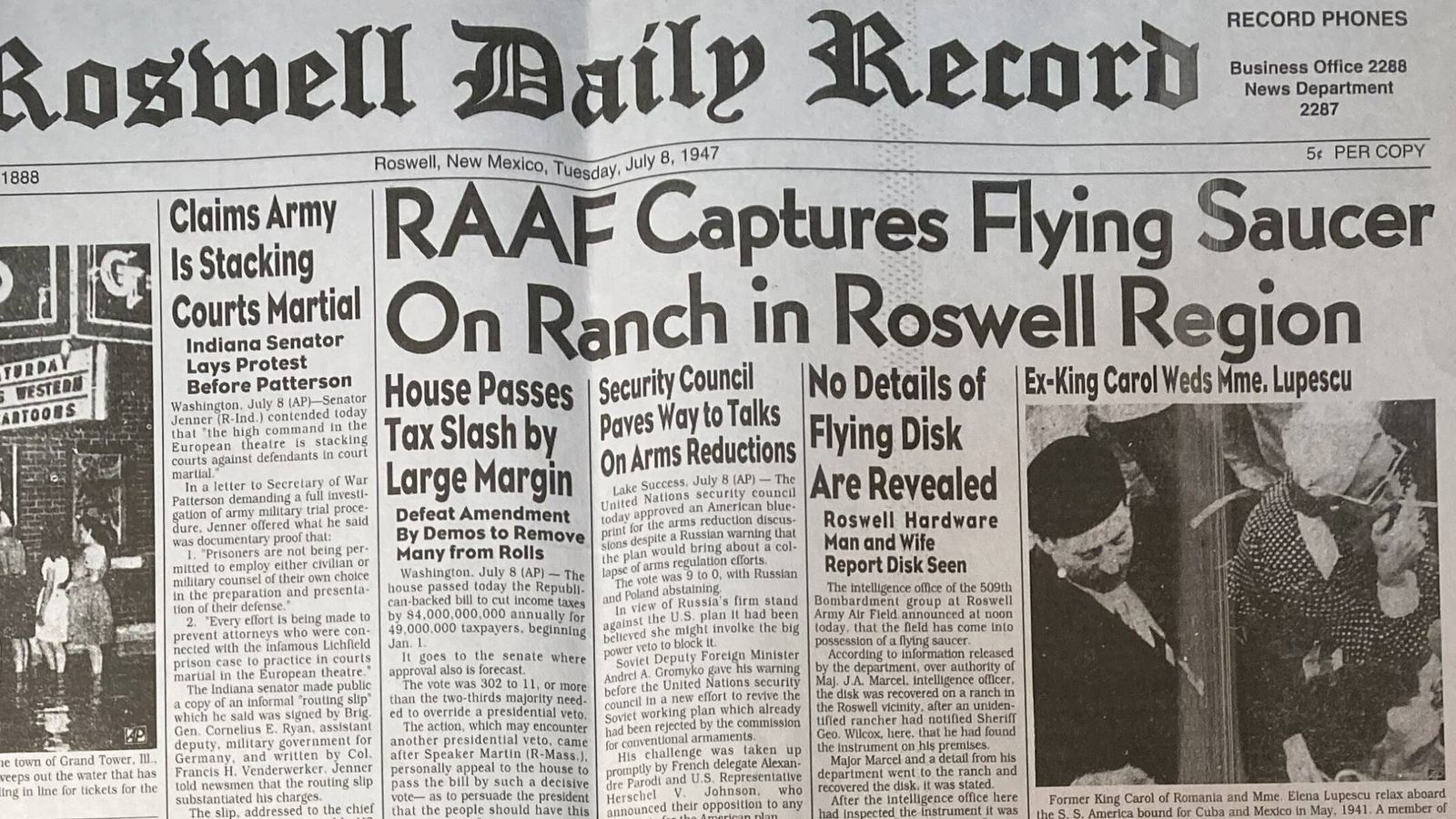 Portada del 8 de julio de 1947 de diario 'Roswell Daily Record'. (Roswell Daily Record/Wikimedia)