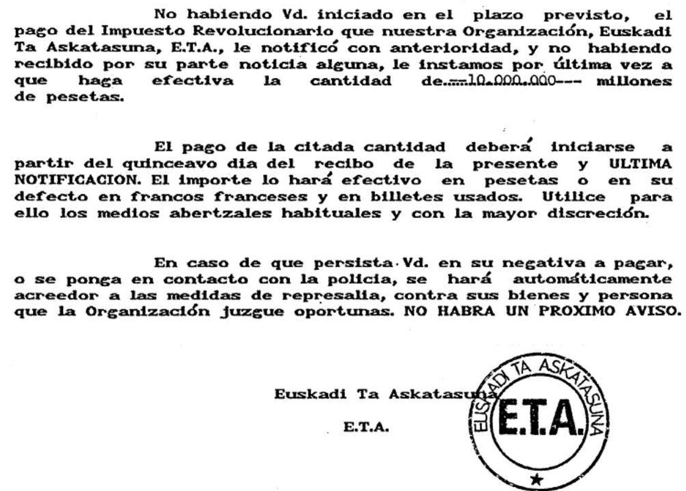 Carta enviada a un empresario de Guipúzcoa en 1991.