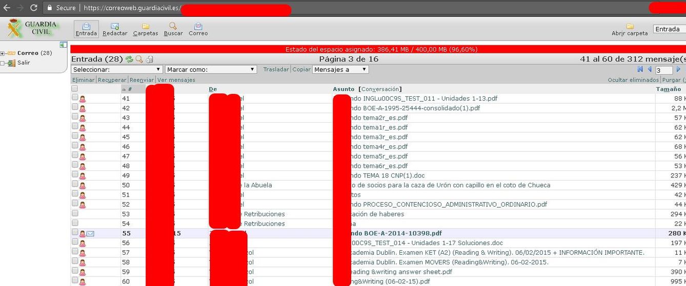 Captura de pantalla de una de las bandejas de entrada 'hackeadas' delwebmail de Guardia Civil
